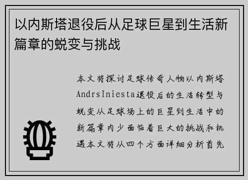 以内斯塔退役后从足球巨星到生活新篇章的蜕变与挑战